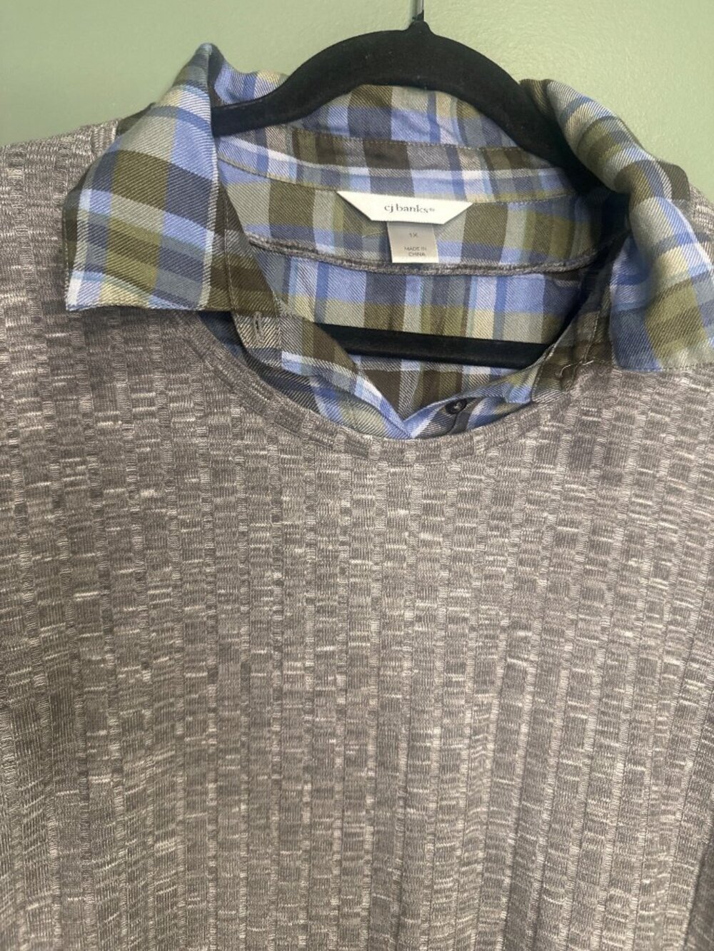 CJ Banks 1X Mixed Media Knit Top Plaid Trim Lightweight Layered Look - Picture 2 of 5